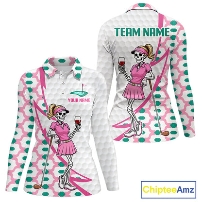 Funny Skeleton Pink Pattern Womens Golf Polo Shirt Golf Outfit Custom Name, Funny Golf Shirts NBT783