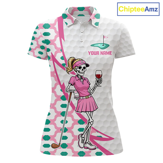 Front view of funny skeleton pink golf polo shirt for women with custom name