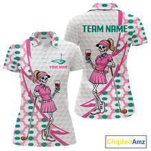 Load image into Gallery viewer, Pink skeleton golf polo shirt for women, personalized with player name and team name