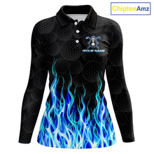 Load image into Gallery viewer, Custom Blue Flame Reaper Golf Ball Pattern Womens Golf Polo Shirts Black Golf Team Shirts, Golf Outfit NBT874