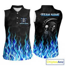 Load image into Gallery viewer, Custom Blue Flame Reaper Golf Ball Pattern Womens Sleeveless Golf Polo Shirts Black Golf Team Shirts, Golf Outfit NBT874