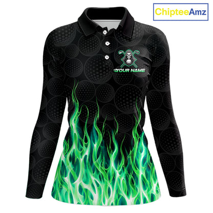 Custom Green Flame Reaper Golf Ball Pattern Womens Golf Polo Shirts Black Tournament Golf Team Shirts, Golf Outfit NBT875