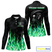 Load image into Gallery viewer, Custom Green Flame Reaper Golf Ball Pattern Womens Golf Polo Shirts Black Golf Team Shirts, Golf Outfit NBT875