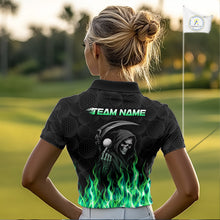 Load image into Gallery viewer, Custom Green Flame Reaper Golf Ball Pattern Womens Golf Polo Shirts Black Golf Team Shirts, Golf Outfit NBT875