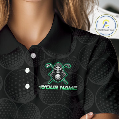 Custom Green Flame Reaper Golf Ball Pattern Womens Golf Polo Shirts Black Tournament Golf Team Shirts, Golf Outfit NBT875