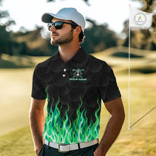 Load image into Gallery viewer, Golfer wearing custom Green Flame Reaper golf polo shirt on the course