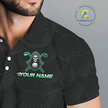 Load image into Gallery viewer, Close-up fabric of Green Flame Reaper golf polo shirt with personalized name on the chest