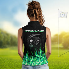 Load image into Gallery viewer, Custom Green Flame Reaper Golf Ball Pattern Womens Sleeveless Golf Polo Shirts Black Golf Team Shirts, Golf Outfit NBT875