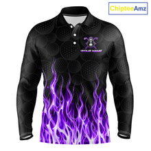 Load image into Gallery viewer, Front view of custom Purple Flame Reaper long sleeve golf polo shirt