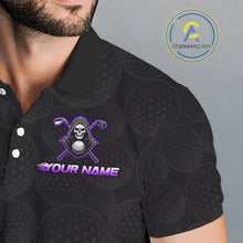 Load image into Gallery viewer, Close-up fabric of Purple Flame Reaper golf polo shirt with personalized name on the chest