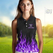 Load image into Gallery viewer, Custom Purple Flame Reaper Golf Ball Pattern Womens Sleeveless Golf Polo Shirts Black Golf Team Shirts, Golf Outfit NBT876