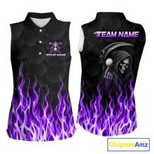 Load image into Gallery viewer, Custom Purple Flame Reaper Golf Ball Pattern Womens Sleeveless Golf Polo Shirts Black Golf Team Shirts, Golf Outfit NBT876