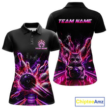 Load image into Gallery viewer, Front and back view of Custom Funny Cat Bowling Shirt For Men Neon Pink Bowling Polo Shirt 
