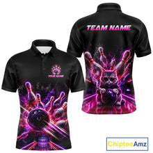 Load image into Gallery viewer, Front and back view of Custom Funny Cat Bowling Shirt for Men Neon Pink Bowling Jersey Polo Shirt