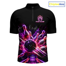Load image into Gallery viewer, Front view of Custom Funny Cat Bowling Shirt for Men Neon Pink Bowling Jersey Polo &amp; Quarter-Zip with personalized name
