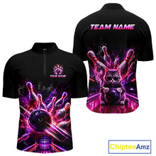 Load image into Gallery viewer, Front back view of Custom Funny Cat Bowling Shirt for Men Neon Pink Bowling Jersey 1/4 Quarter-Zip with personalized name