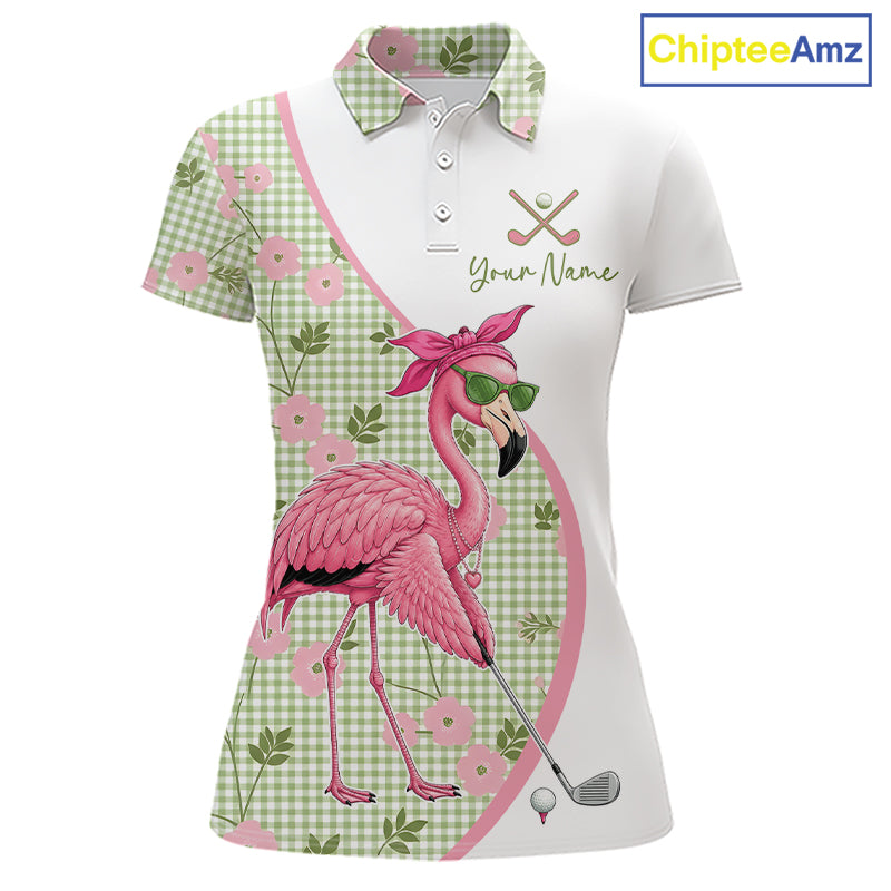 Front views of a womens funny flamingo plaid pattern golf polo shirt, name text on the chest.