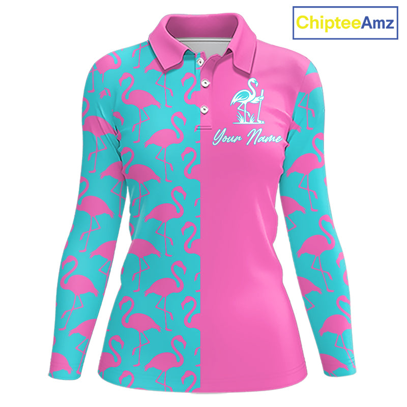 Front view of women’s long sleeve golf polo shirt with pink and blue flamingos pattern