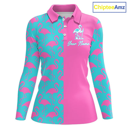 Front view of women’s long sleeve golf polo shirt with pink and blue flamingos pattern