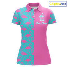 Load image into Gallery viewer, Front view of women’s golf polo shirt with pink and blue flamingos pattern