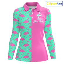 Load image into Gallery viewer, Front view of women’s long sleeve golf polo shirt with pink and green flamingos pattern