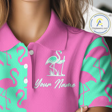 Load image into Gallery viewer, Close-up of pink and green flamingos pattern on women’s golf polo shirt