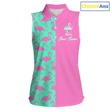 Load image into Gallery viewer, Front view of women’s sleeveless golf polo shirt with pink and green flamingos pattern