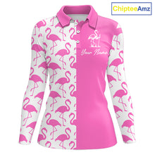 Load image into Gallery viewer, Front view of women’s long sleeve golf polo shirt with pink and white flamingos pattern