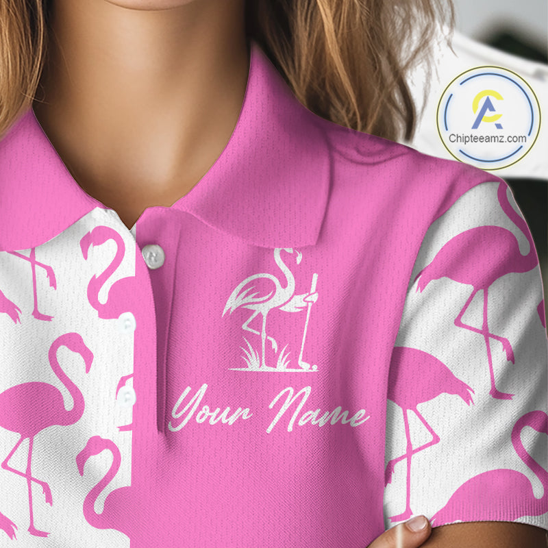 Close-up of pink and white flamingos pattern on women’s golf polo shirt