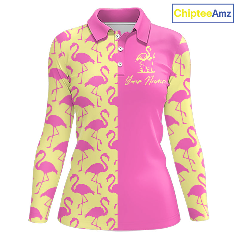 Front view of women’s golf polo shirt with pink and yellow flamingos pattern