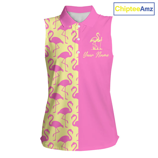 Front view of women’s sleeveless golf polo shirt with pink and yellow flamingos pattern