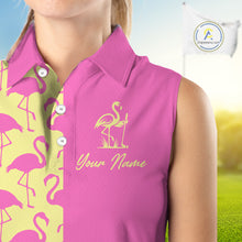 Load image into Gallery viewer, Close-up of pink and yellow flamingos pattern on women’s sleeveless golf polo shirt