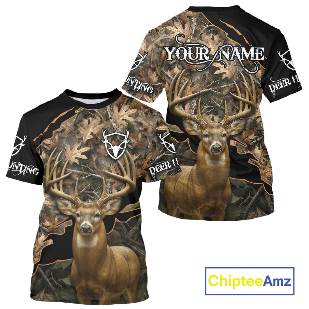 Whitetail Deer Hunting Hoodie, Longsleeves Shirt – Brown Camo Custom Name for Big Game Hunters NBT270