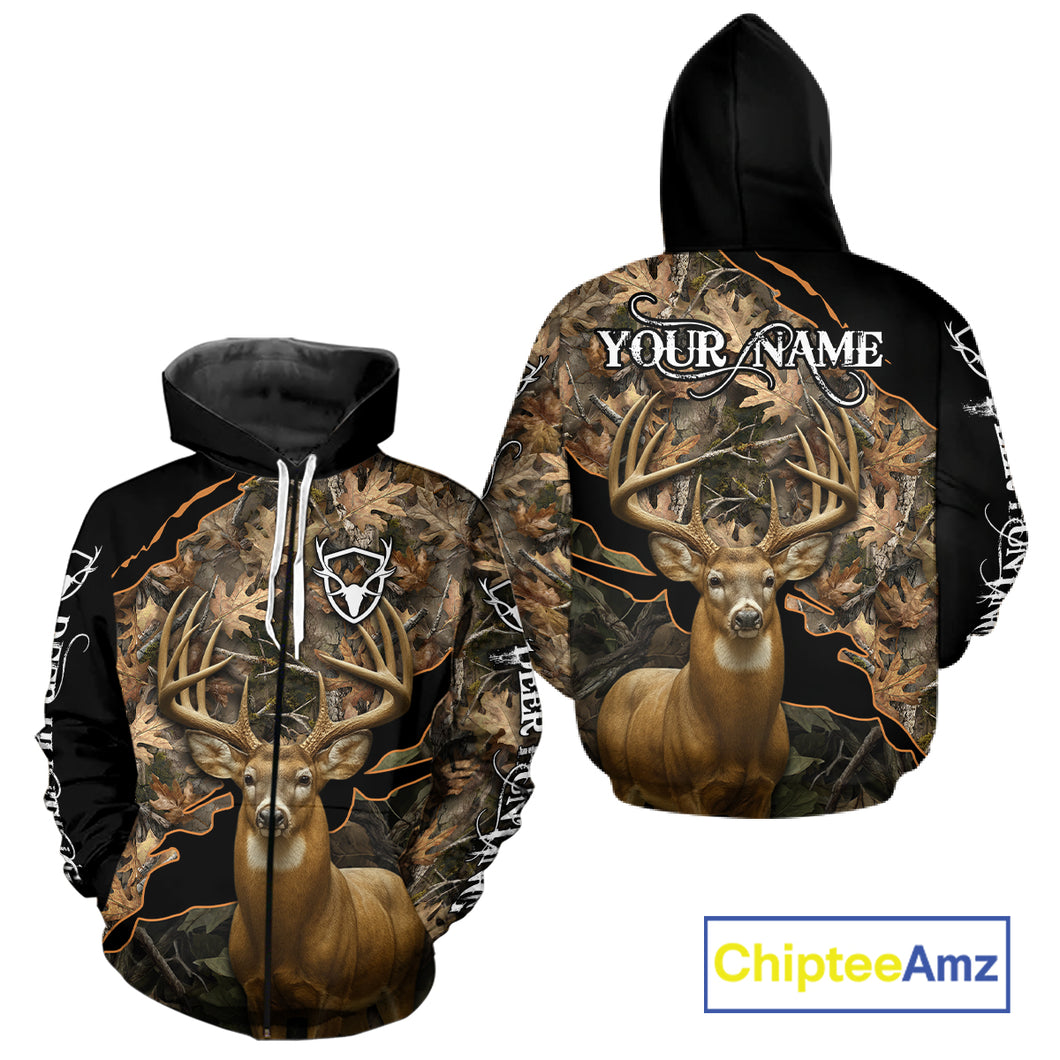Whitetail Deer Hunting Hoodie, Longsleeves Shirt – Brown Camo Custom Name for Big Game Hunters NBT270