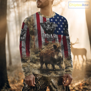 American Flag Wild Boar Camo Custom Name 3D Shirts, Boar Hunting Clothes for Hunters NBT132