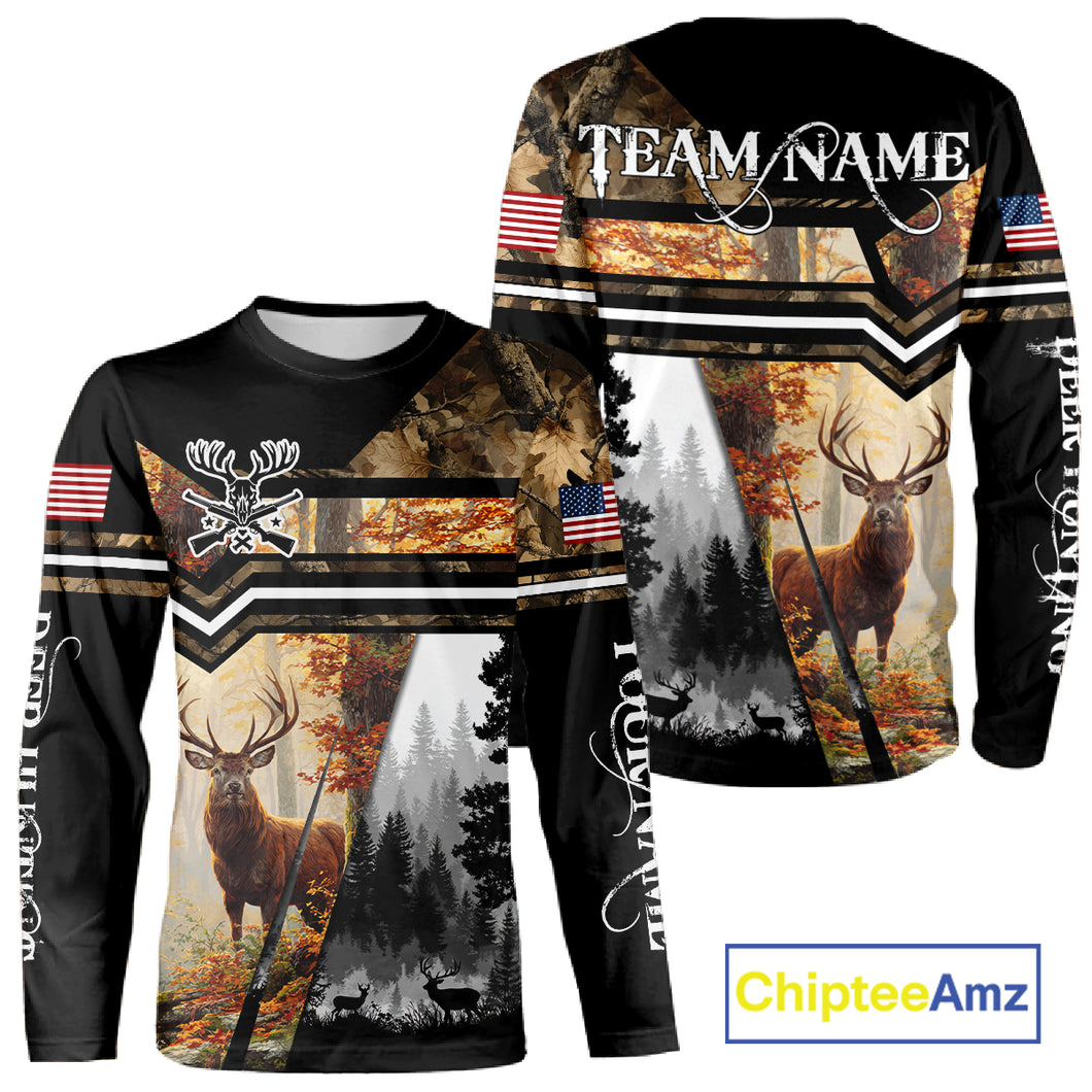 Red Deer Hunting Autumn Camo Custom Name American Flag - Best Gift Ideas for Hunters NBT40