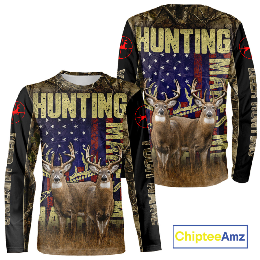 Beautiful Patriotic Camo Deer Hunting Shirt with US Flag, Hunting Outfit, Gifts for Hunters NBT58