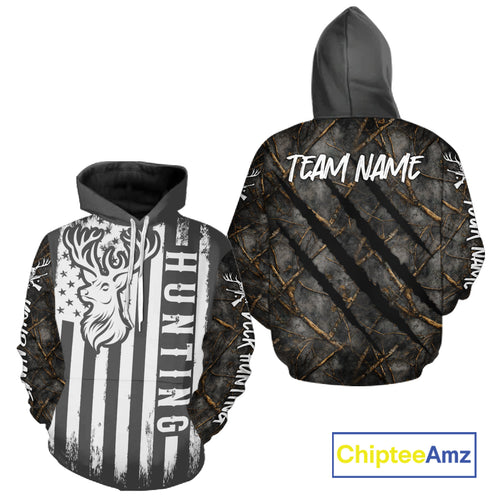 Personalized Dark Camo Deer Hunting Shirt with US Flag & Deer Buck, Hunter Gifts NBT60