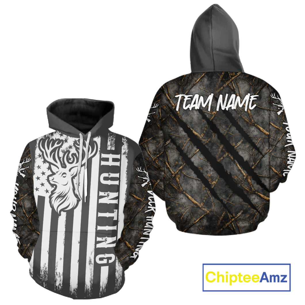 Personalized Dark Camo Deer Hunting Shirt with US Flag & Deer Buck, Hunter Gifts NBT60