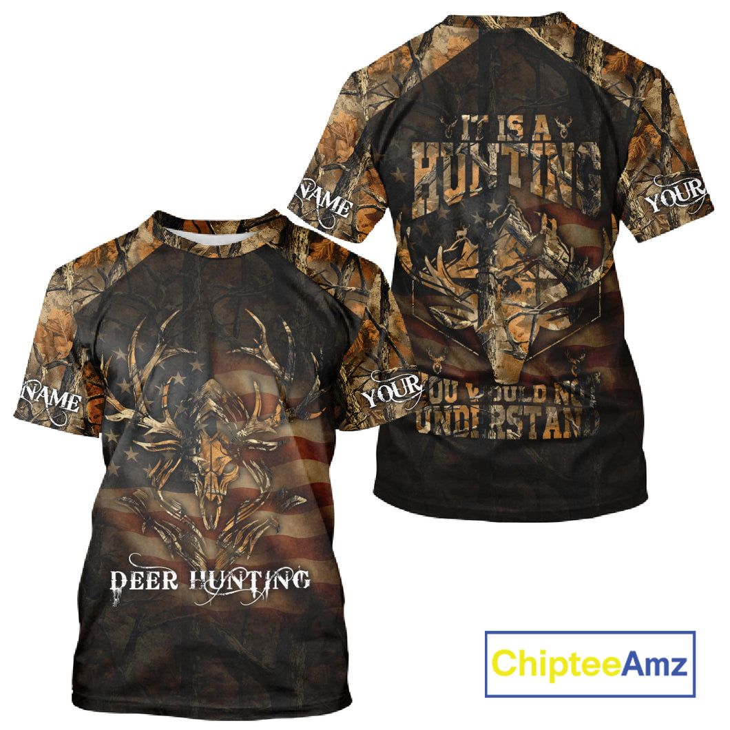 Best Deer Hunting Orange Camo with US Flag and Grim Reaper Deer Buck Shirts Hunting Gifts NBT70