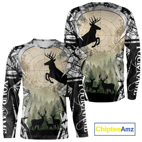 Grey Camo Deer Hunting Hoodie, Buck with Scope Silhouette, Whitetail Season NBT14