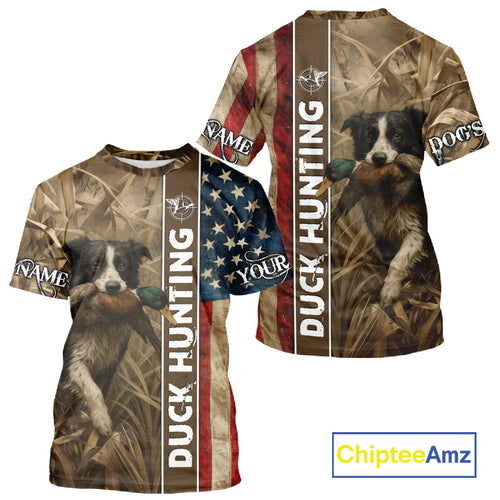 Border Collies Duck Hunting Waterfowl Camo US Flag Shirts, Custom Name Shirts, Hunting Gifts NBT96