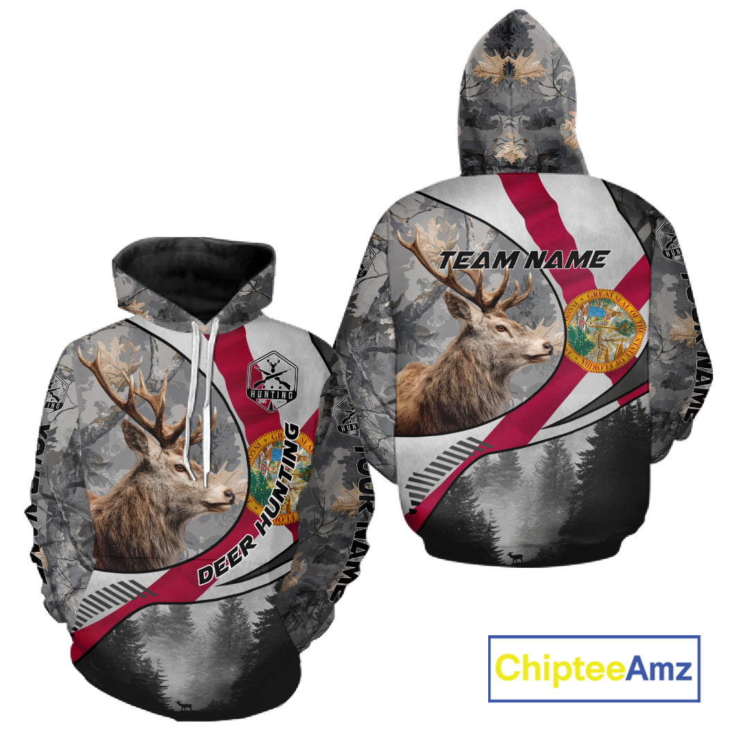 Florida Flag Grey Camo Elk Hunting Hoodie, Longsleeve Shirt - Personalized Gift for Hunters NBT17