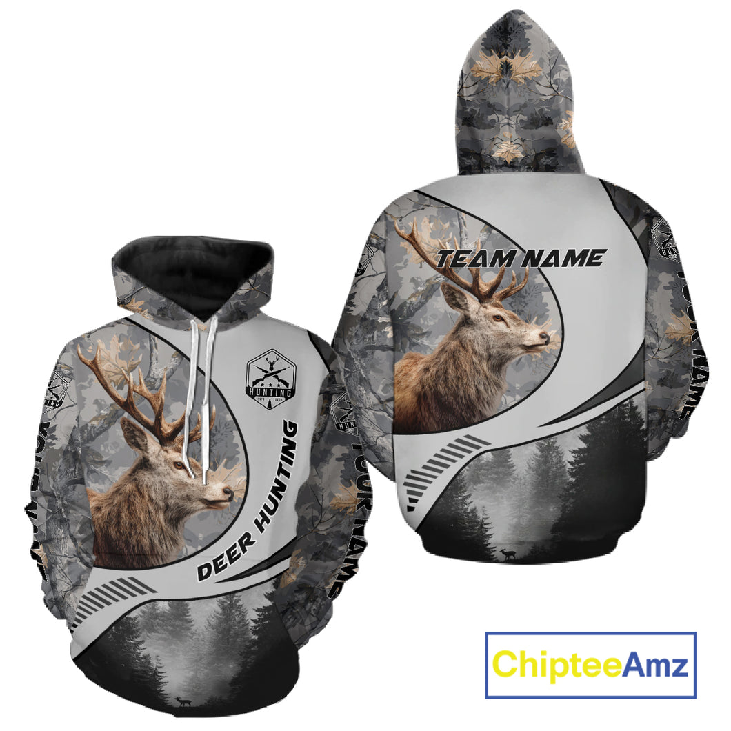 Grey Camo Elk Hunting Shirt for Men – Big Buck Design, Personalized Hunter Gift NBT18