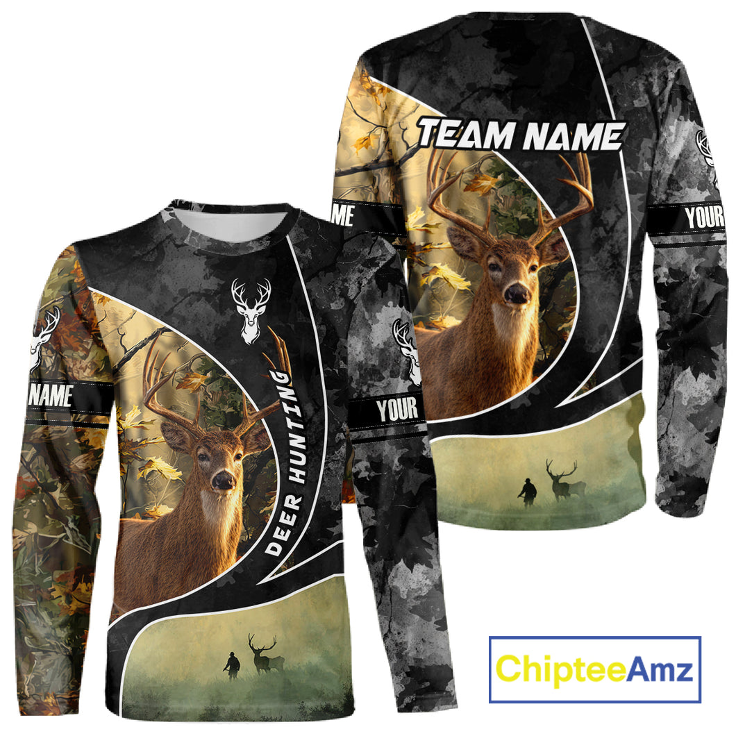 Personalized Deer Hunting Hoodie, Longsleeve Shirt – Whitetail Buck, Fall Camo, Gifts for Men NBT27