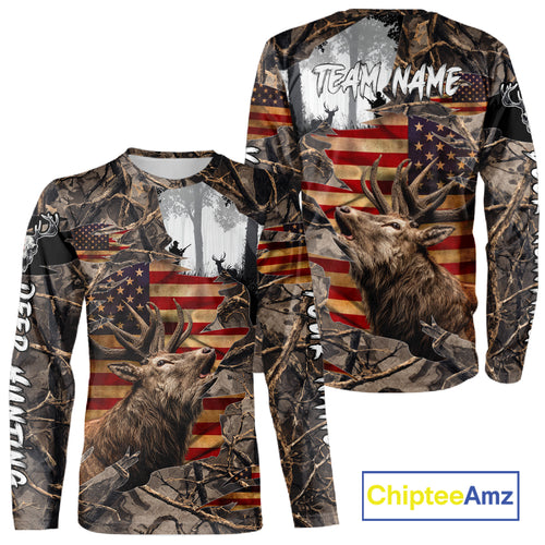 Best Elk Hunting Camo Shirt with Big Buck and US Flag – Hunting Apparel for Men, Hunter Gifts NBT51