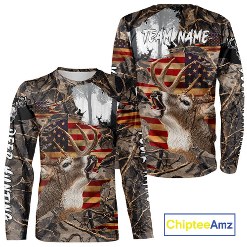 Best Deer Hunting Camo Shirt with Big Buck and US Flag – Hunting Apparel for Men, Hunter Gifts NBT61