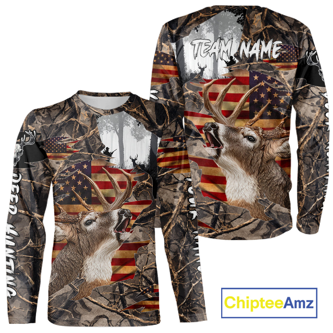 Best Deer Hunting Camo Shirt with Big Buck and US Flag – Hunting Apparel for Men, Hunter Gifts NBT61
