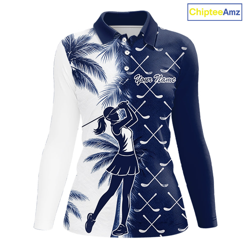 Blue Tropical Palm Trees Golf Club Pattern Womens Golf Polo Shirts Custom Team Golf Shirt NBT567