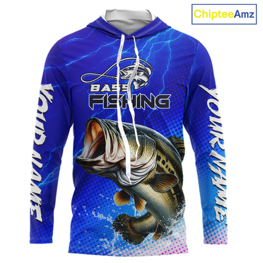 Blue Camo Bass Long Sleeve Hooded Fishing Shirts Thunder Light, Custom Name Bass Fishing Shirts NBT455